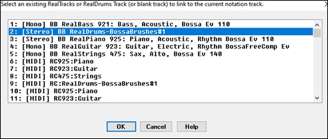 "Select an existing RealTracks or RealDrums Trac to link to the current notation track" dialog