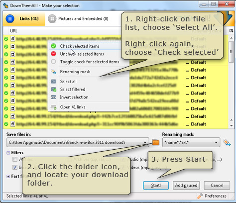 Check all files, browser folder, and start download