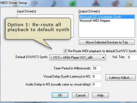 MIDI Driver Setup dialog - Re-route to default synth