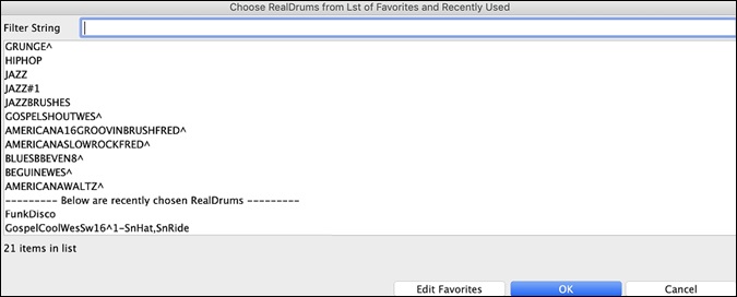 Choose RealDrums from list of favorite and recently used dialog