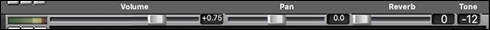Mixer showing olume, Pan, Reverb, and Tone control labels