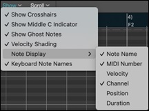 Piano Roll Window - Note Display menu option