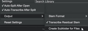 Stem Splitter Player - Settings menu - Create Subfolder for Files