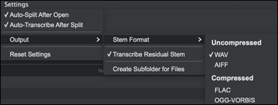 Stem Splitter Player - Settings menu - Stem Format