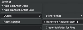 Stem Splitter Player - Settings menu -Transcribe Residual Stem