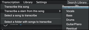 Stem Splitter Player - Transcription menu