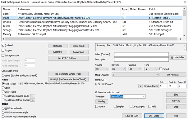 Track Settings and Actions Dialog