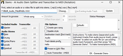 Stems - AI Audio Stem Splitter and Transcriber to MIDI dialog