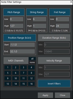 Piano Roll Window - Filter dialog