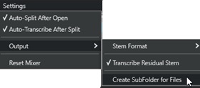 Stem Splitter Player - Settings menu - Create Subfolder for Files