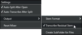 Stem Splitter Player - Settings menu -Transcribe Residual Stem