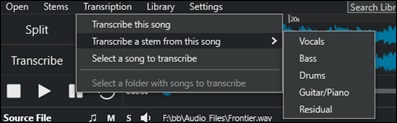 Stem Splitter Player - Transcription menu