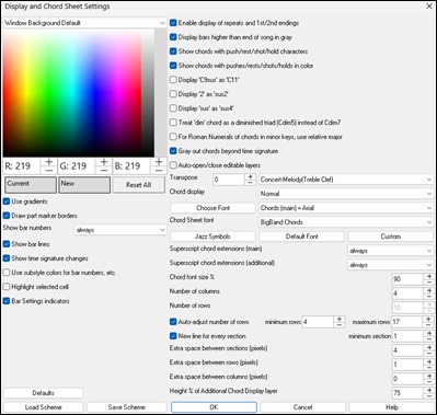 Display and CHord Sheet Settings