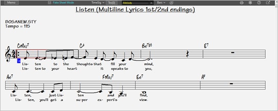 Lead Sheet window showing multiple lines of lyrics
