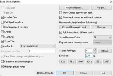 Lead Sheet Options Dialog