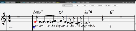 Notation window showing Note-based lyrics 