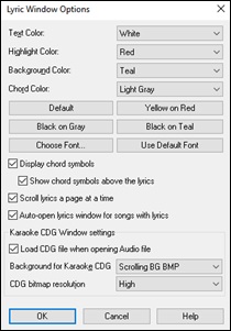 Lyric Window Options dialog