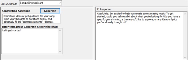 AI Lyrics window - Songwriting Assistant